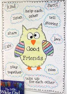 a bulletin board with an owl saying good friends on it and a book next to it