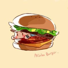 a drawing of a hamburger with lettuce and tomato on it's bun