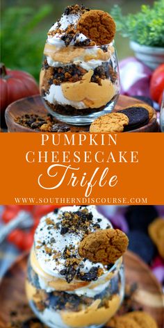 pumpkin cheesecake trifle with oreo cookies and whipped cream