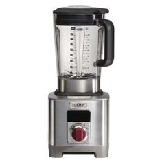 the blender is silver and has red buttons