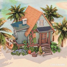 a painting of a house on the beach with palm trees and other tropical plants around it