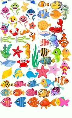 an assortment of colorful fish on a white background