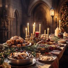 a table filled with lots of food and candles