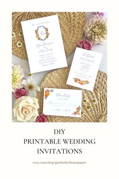 the diy printable wedding stationery is shown with flowers