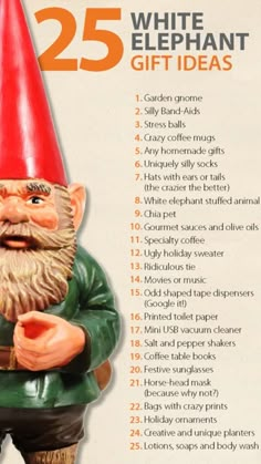 the 25 white elephant gift ideas list is shown with an image of a garden gnome