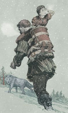 a drawing of two people walking in the snow with an animal behind them and one person holding