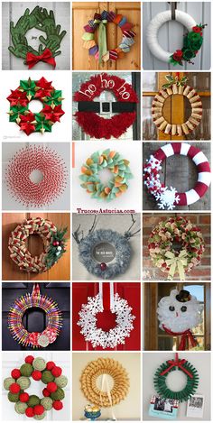 many different wreaths and decorations are arranged in this collage with the words merry written on them