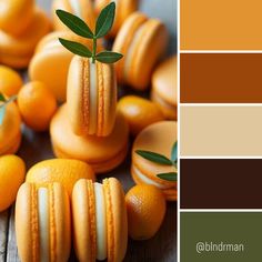 oranges and macaroons with green leaves on them in shades of brown, yellow and beige