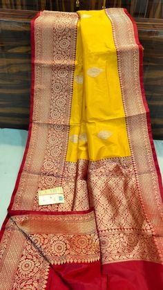 Yellow Red Saree, Yellow Banarasi Saree, Red Banarasi Saree, Bengali Saree, Saree Wearing Styles, Saree Wearing, Mysore Silk Saree