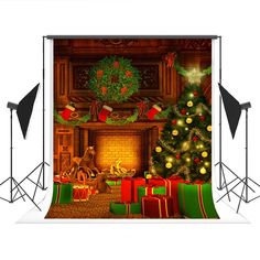 an image of a christmas scene with presents in front of the fire place and fireplace