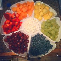 there are many different types of fruits in the bowl on the counter top, including grapes, melons, pineapples, and cherries