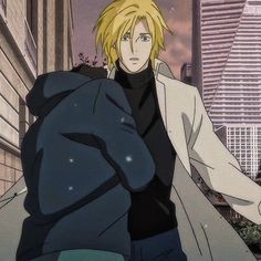 an anime character with blonde hair standing in front of a cityscape and looking at the camera