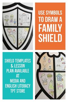 an image of shield with the words use symbols to draw a family shield and lesson available at media and english library tpt store