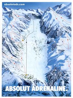 an advertisement for the ski resort absolut adrenaline in france, with snow covered mountains