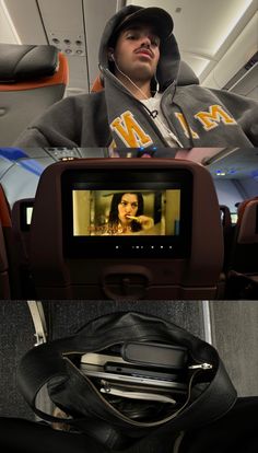 the inside of an airplane with a man on it's screen and other pictures