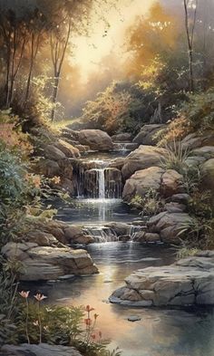 a painting of a waterfall surrounded by trees and rocks with the sun shining down on it