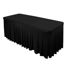 a black table cloth on top of a long table with pleated skirting around it