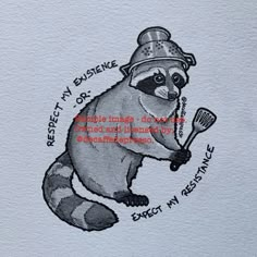 a drawing of a raccoon wearing a fireman's hat and holding a spatula