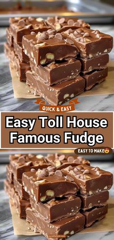 chocolate fudge is stacked on top of each other with the words easy to make