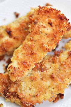 two pieces of fried chicken on a white plate with parmesan and seasoning