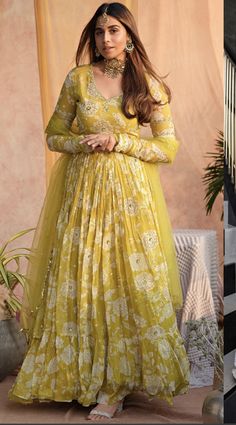 Sabyasachi Dresses, Yellow Peonies, Frock Style, Anarkali Dress Pattern, Long Dress Design, Indian Gowns Dresses, Indian Gowns, Designer Dresses Casual, Boutique Dress Designs