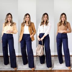 Blue And White Work Outfit, Navy Cropped Pants Outfit, Bogota Outfit, Outfit Pantalon, Pants Outfit Work, Moda Jeans