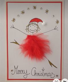 a handmade christmas card with a girl holding a red feather