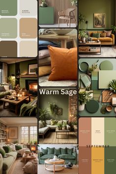 a collage of living room and bedroom color schemes with green, brown, yellow, and orange