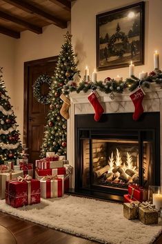 a living room decorated for christmas with presents and stockings on the fireplace mantels