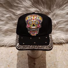 Cap Things Off With A Sugar Skull Baseball Cap That Will Keep Your Look Sporty On Days You Want Sun Coverage Or Need To Hide Your Wild Bedhead! Made Of 100% Cotton Plastic Closure Adjustable So You Can Adjust To Fit Your Head Adjustable Skull Print Baseball Cap, Casual Snapback Baseball Cap With Skull Print, Casual Skull Print Snapback Baseball Cap, Adjustable Black Skull Hat, Black Skull Hat For Halloween, Adjustable Black Baseball Cap With Skull Print, Black Snapback Hat With Skull Print, Skull Print Cap One Size Fits Most, Black Skull Baseball Cap For Streetwear