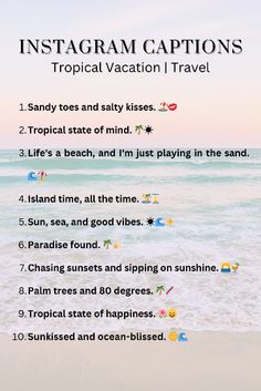 the instagram caption for tropical vacation i travel is shown in front of an ocean beach