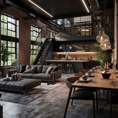 a living room filled with furniture and lots of windows next to a staircase leading up to a loft