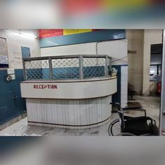 a bike is parked in front of a reception counter