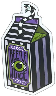 a sticker with an image of a house and the words beetle juice on it