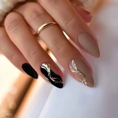 French Tip Press On Nails Color Tone: Brown Nail Shape: Almond Shaped Nail Length: Long Nail Pattern: Pure Color,Stripe Nail Finishes: Glossy Item Id: Vu34284 J Lo Nails, Nude Black Nails, Fav Products, Long Almond, Nail Shimmer, Gold Nail, Nails Desing