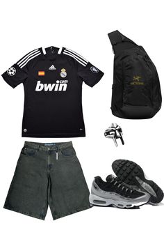 By:@4luxxury Jersey Real Madrid 2008/9 Jorts Ewcruel x FsKleos Air Max 95 Metallic Black MF Doom Ring Sling Bag Arc'teryx Mf Doom Outfit, Real Madrid Jersey Outfit, Real Madrid Outfit, Doom Ring, Mf Doom Ring, Adidas Outfit Men, Madrid Outfits, Jersey Real Madrid, Football Jersey Outfit