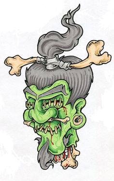 a drawing of a woman with green hair and two heads on her head, one being held up by the other hand