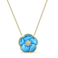 14 Karat Yellow Gold Flower Pendant Necklace Featuring A 1.65 Carat Carved Turquoise Accented by 7 Round Diamonds of SI Clarity and G/H Color Totaling 0.06 Carats. Adjustable Length 16 - 18 Inches with Lobster Clasp. Turquoise Jewelry With Flower Charm, Elegant Turquoise Jewelry With Flower Charm, Blue Floral Fine Jewelry, Turquoise Flower Charm Jewelry, Fine Jewelry Blue Necklace With Flower Pendant, Turquoise Flower Necklace With Flower Charm, Elegant Turquoise Flower Pendant Jewelry, Turquoise Flower Charm Pendant Jewelry, Fine Jewelry Blue Flower Pendant Necklace