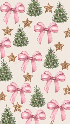 watercolor christmas trees with bows and stars on a white background seamless wallpaper