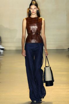 Altuzarra Spring 2016. See all the best runway looks from new York Fashion Week here: Simply Fashion, Work Chic, Great Fashion, Blue Trousers, Autumn Outfits, Brown Coat, Looks Chic, Leather Vest, Virtual Closet