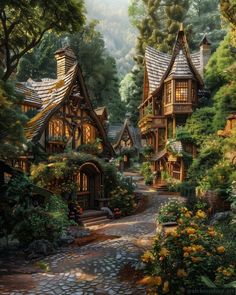 Cottage Fantasy Art, Spring Kingdom, Fantasy Treehouse, Tiny Glade, Fantasy Village, Trippy Artwork, Log Cabin Rustic, Fantasy Town, Forest Cabin