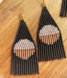 Black and Gold Fringe Earrings - Etsy Beading Board, Stitch Earrings, Gold Fringe, Brick Stitch Earrings, Golden Circle, Eye Earrings, Brick Stitch, Fringe Earrings, Beaded Jewelry Diy