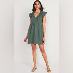 Nwt Color: Forest Shade. Size: Small. Casual Flowy V-neck Dress With Flutter Sleeves, Casual Cap Sleeve Mini Dress For Spring, Casual Short Sleeve Flutter Dress For Summer, Casual Short Sleeve Dress With Flutter Sleeves For Summer, Casual Cap Sleeve Mini Dress For Summer, Green V-neck Short Sleeve Spring Dress, Green V-neck Short Sleeve Dress For Spring, Flowy V-neck Dress With Flutter Sleeves, Summer Casual V-neck Dress With Ruffle Sleeves