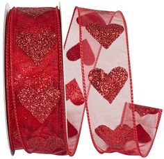 red glitter hearts on white sheer wired ribbon with matching sequins, 3 / 8