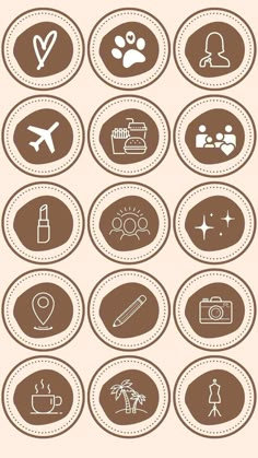 the different types of travel icons are shown in brown and white circles on a beige background