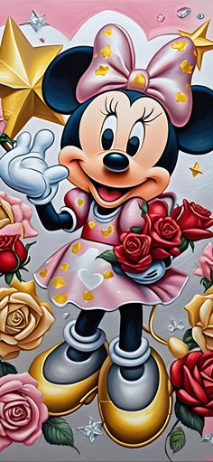 a painting of minnie mouse with roses and stars