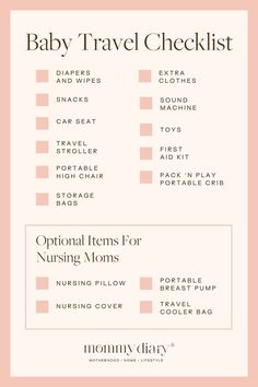 the baby travel checklist is shown in pink and white with text that reads,