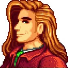 an old pixel art portrait of a man with long blonde hair wearing a red shirt and green tie