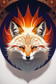 an orange and white fox's head with intricate designs on the front, against a dark blue background