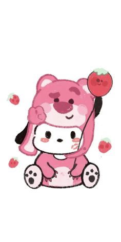 a pink teddy bear holding an apple on top of it's back with hearts flying around